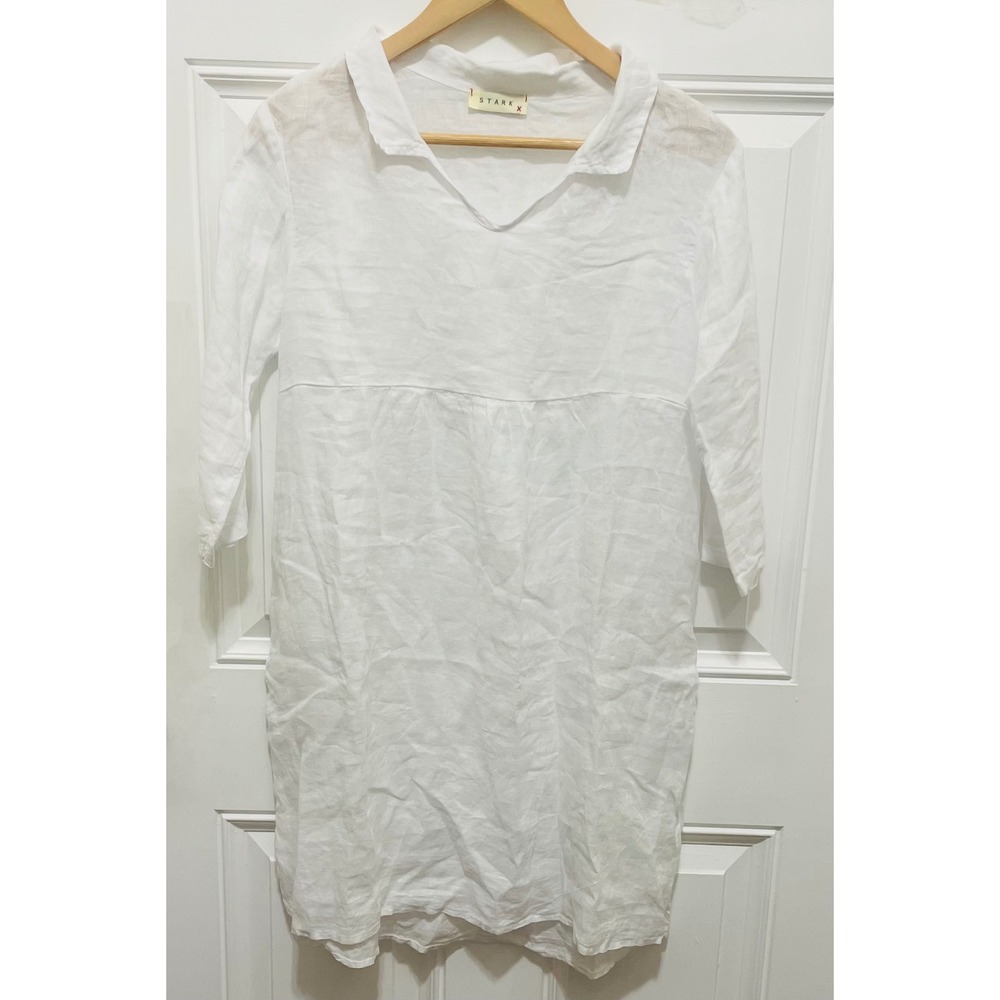 Stark X Linen‎ Dress White 3/4 Sleeve Casual Tunic Dress beach cover up XS